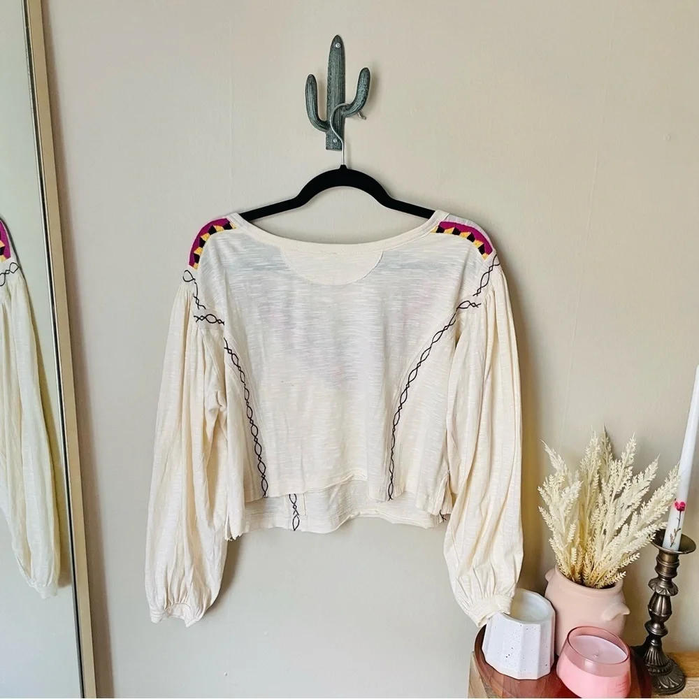 Free People Boho Embroidered Long Sleeve Hand Me Down Top